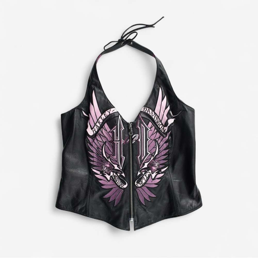 HARLEY DAVIDSON Genuine Leather Halter 2008 Vest Purple Embroidered Wings